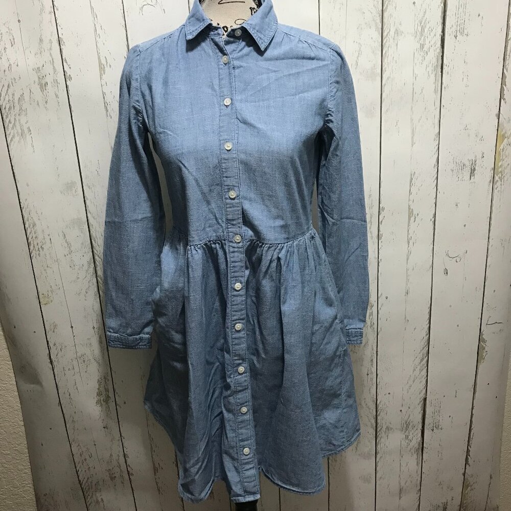 J. Crew Denim Dress Long Sleeve Babydoll Button front cotton Chambray size 00 - Picture 1 of 12